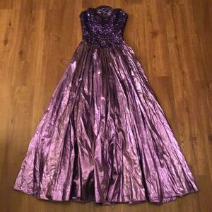 Vintage 1980s Mike Benet Beaded Sequin Taffeta Metallic Prom Formal Dress
